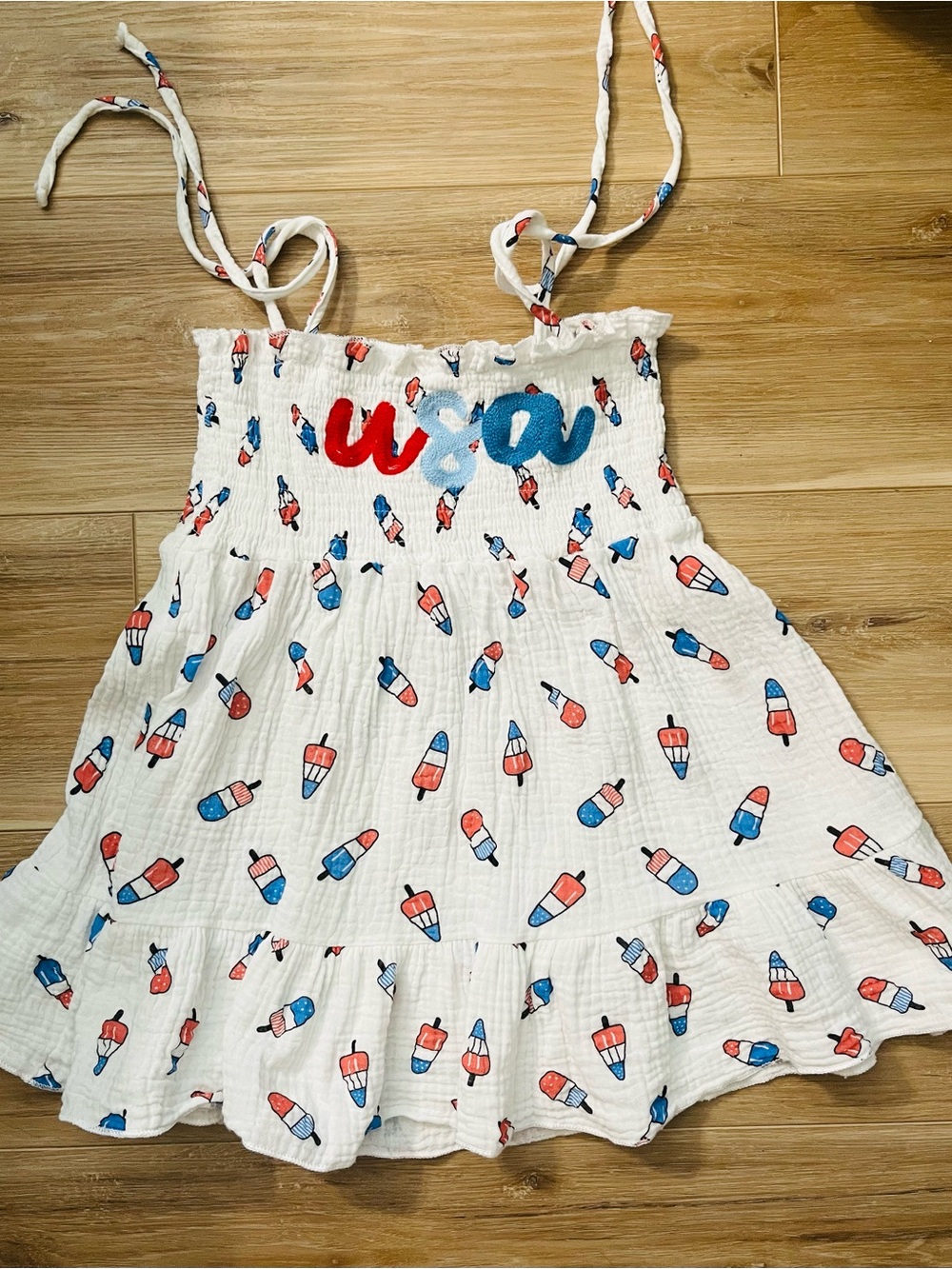Kids ‘USA’ White Cotton Sundress with tie-straps